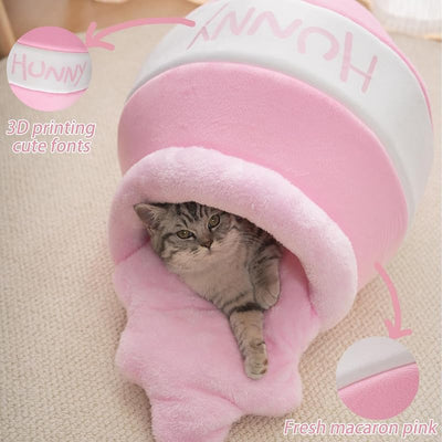 Cama gato forma tarro miel suave con esponja rebote cojin rosa