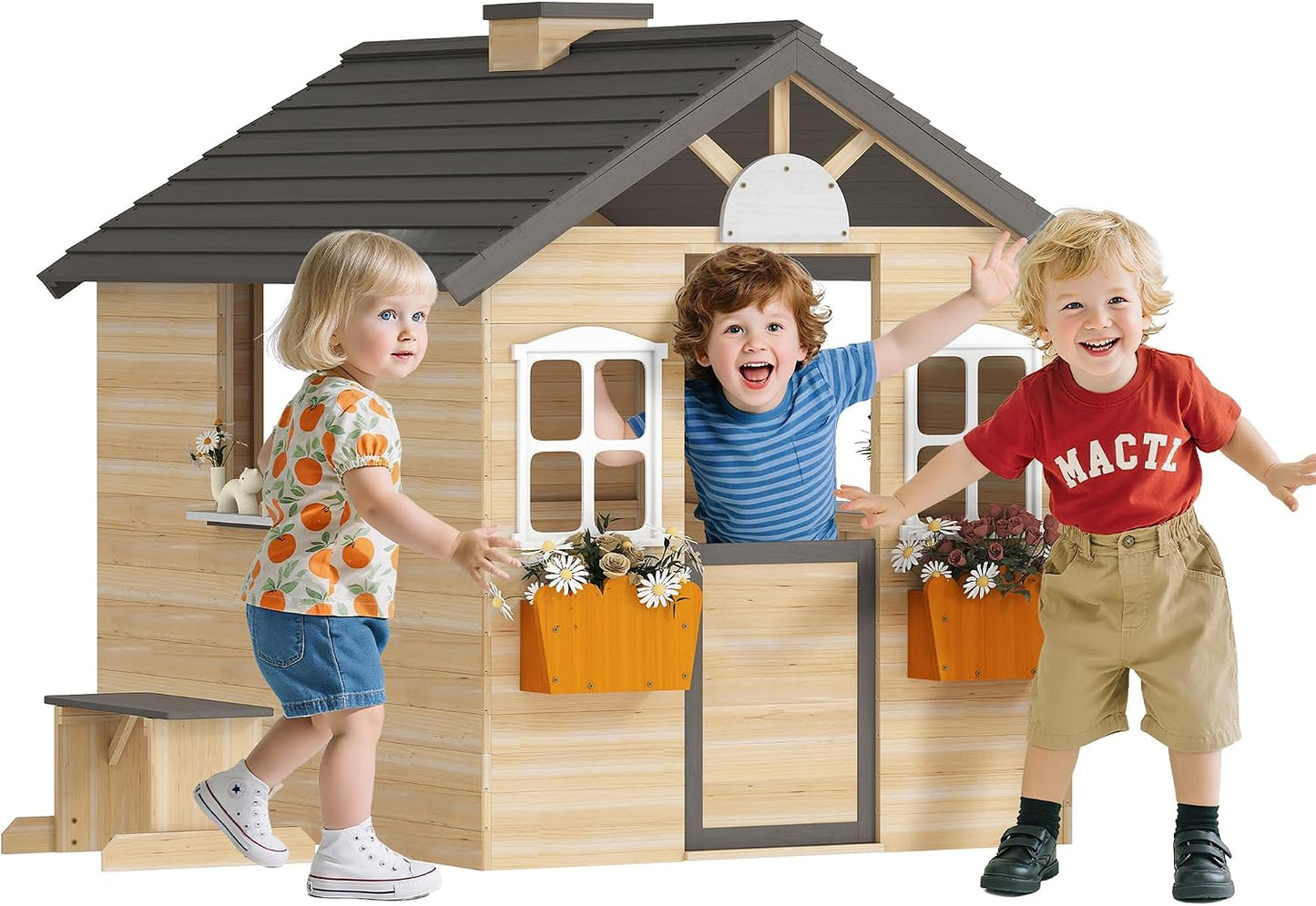 Casa de madera para niños con puerta y banco