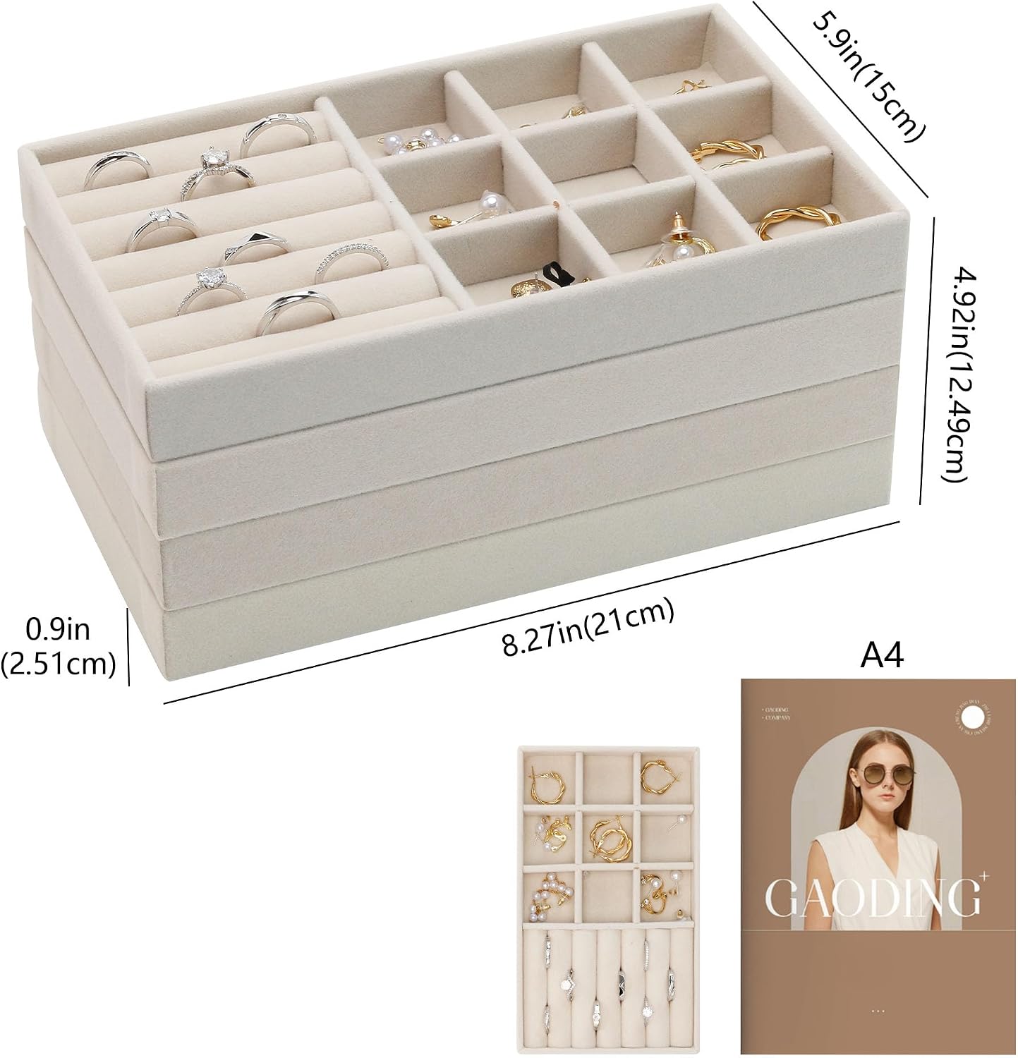 4 Pzas Bandeja Organizadora Joyas Apilable Beige