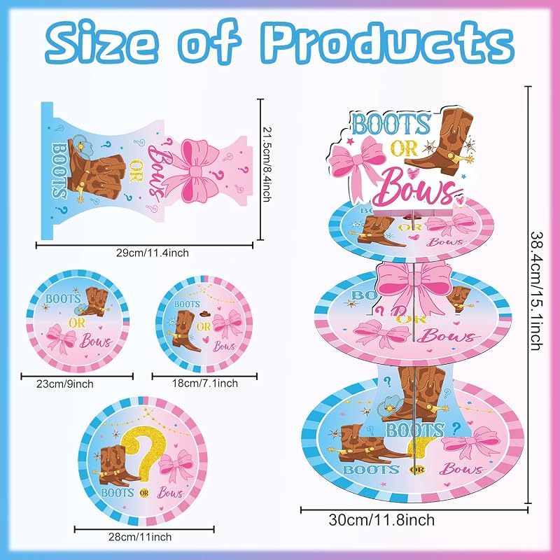Decoraciones revelación botas lazos 3 niveles baby shower
