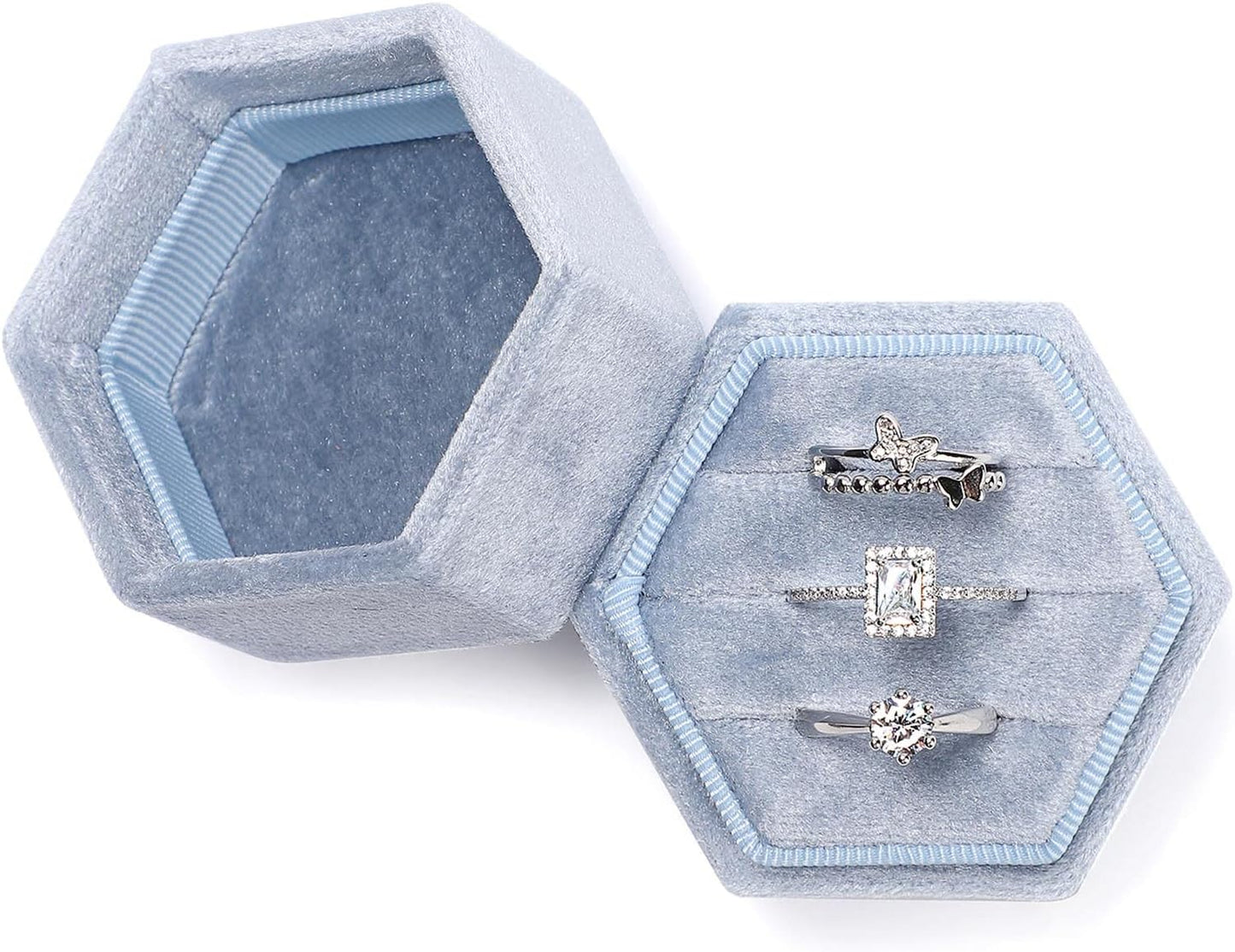 Caja terciopelo anillos vintage 3 ranuras azul