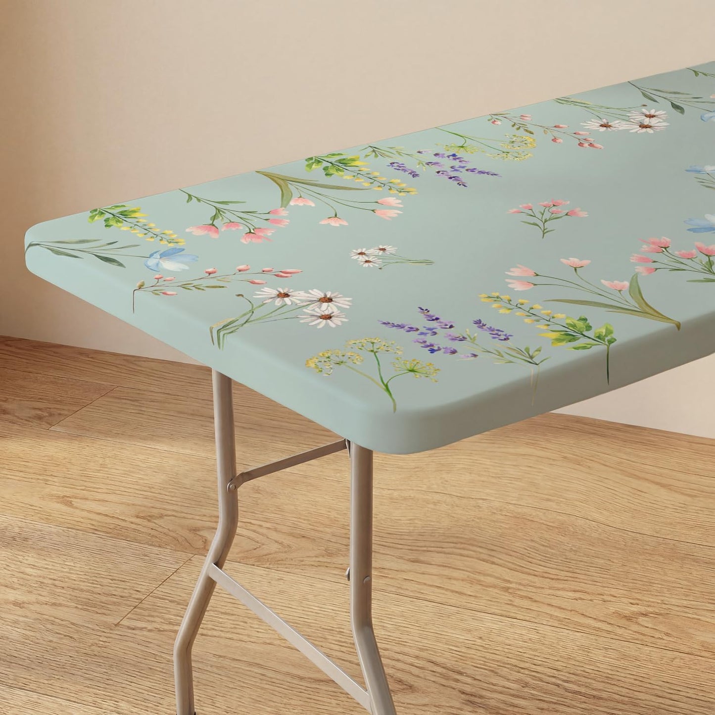 Mantel rectangular 72x30pulg diseño tulipanes elástico verde