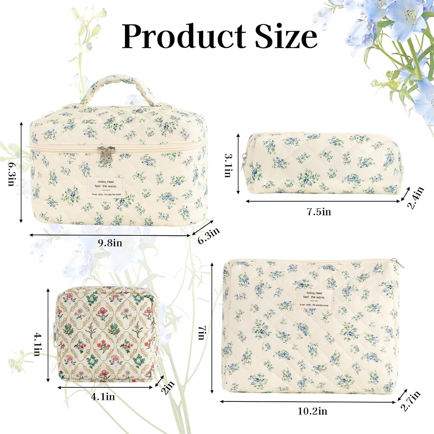 Set 4 bolsas maquillaje acolchada floral viaje mujer niña