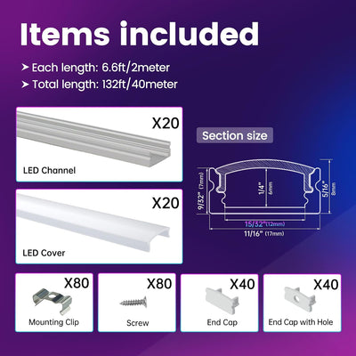20 Tirillas LED U aluminio 6.6ft plateado cubierta blanca