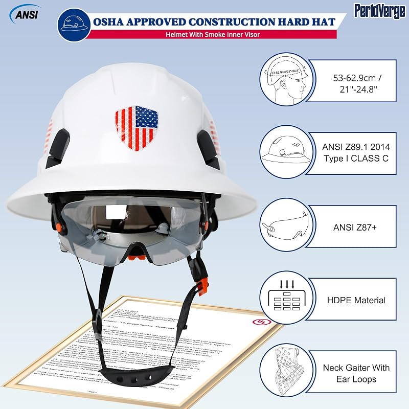Casco construcción OSHA con visor y cinta para cuello
