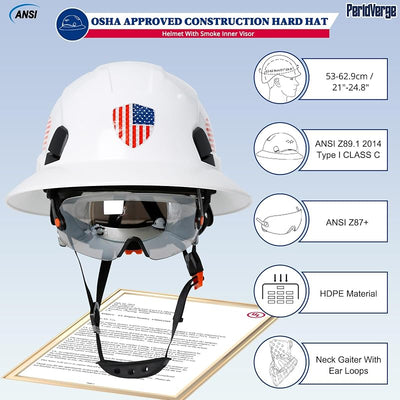 Casco construcción OSHA con visor y cinta para cuello