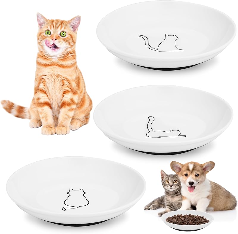 3 Pzas Cuencos Cerámica para Gatos Plano Blanco Base Antiderrap