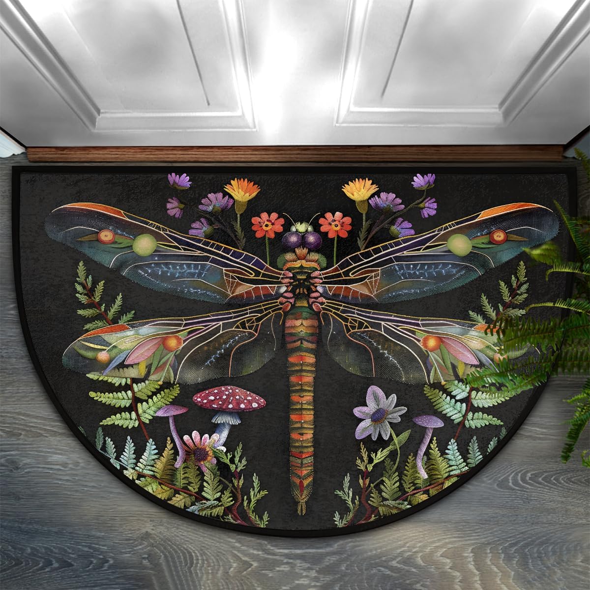 Tapete antiderrap con diseño libélula hongo y flor