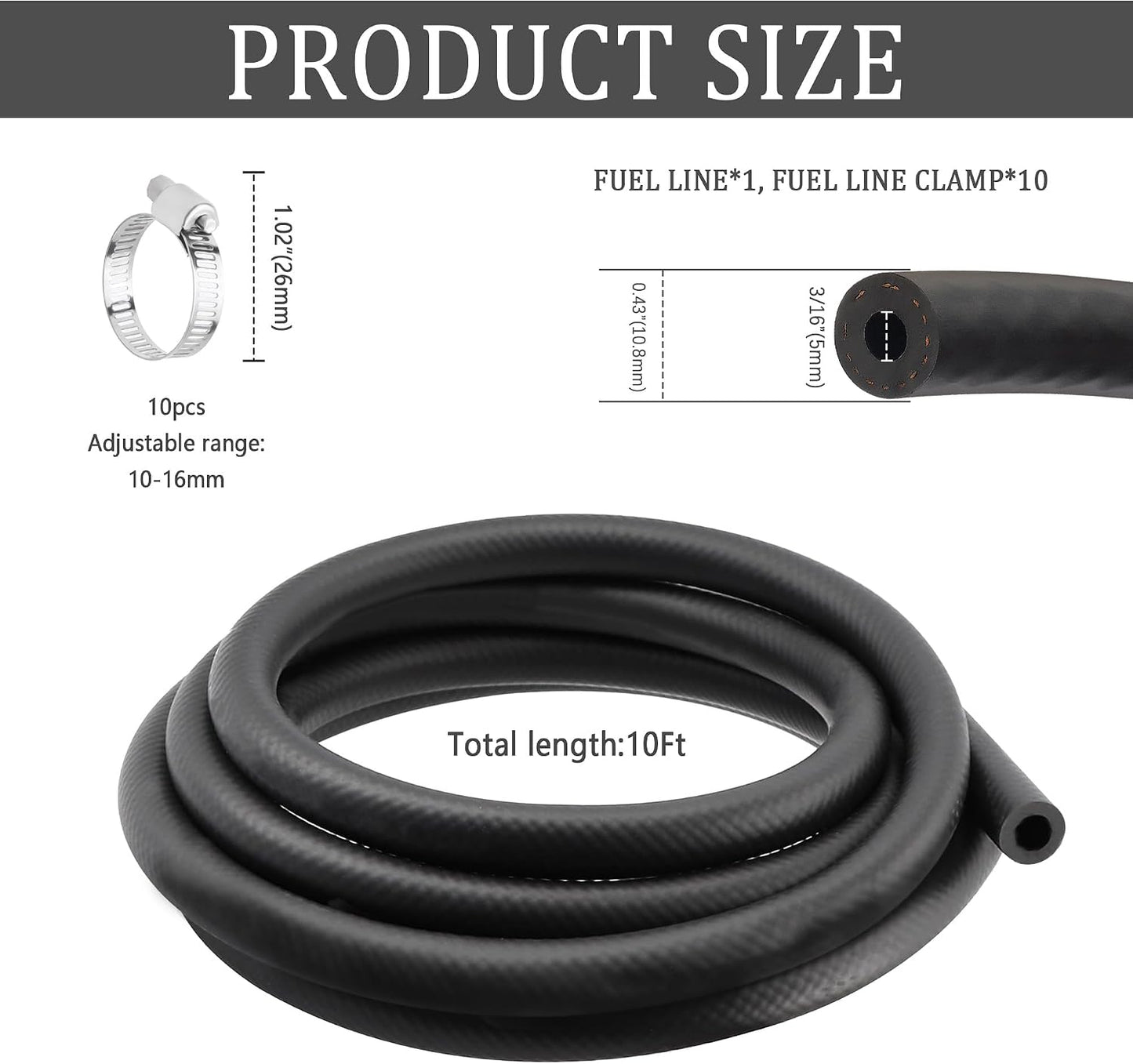 Kit manguera combustible 3/16pulg NBR 10pies 10 abrazaderas 300PSI