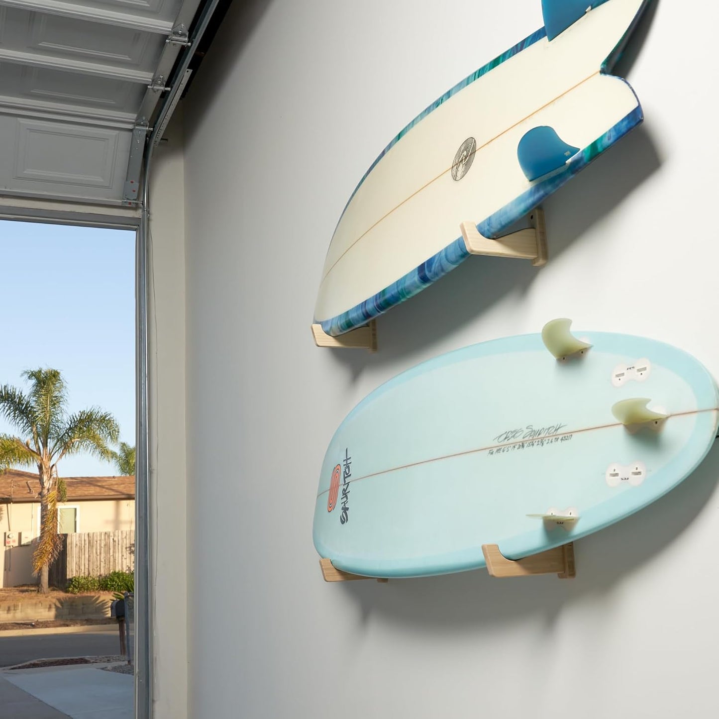 Soporte pared tabla surf bambú exhibición longboard