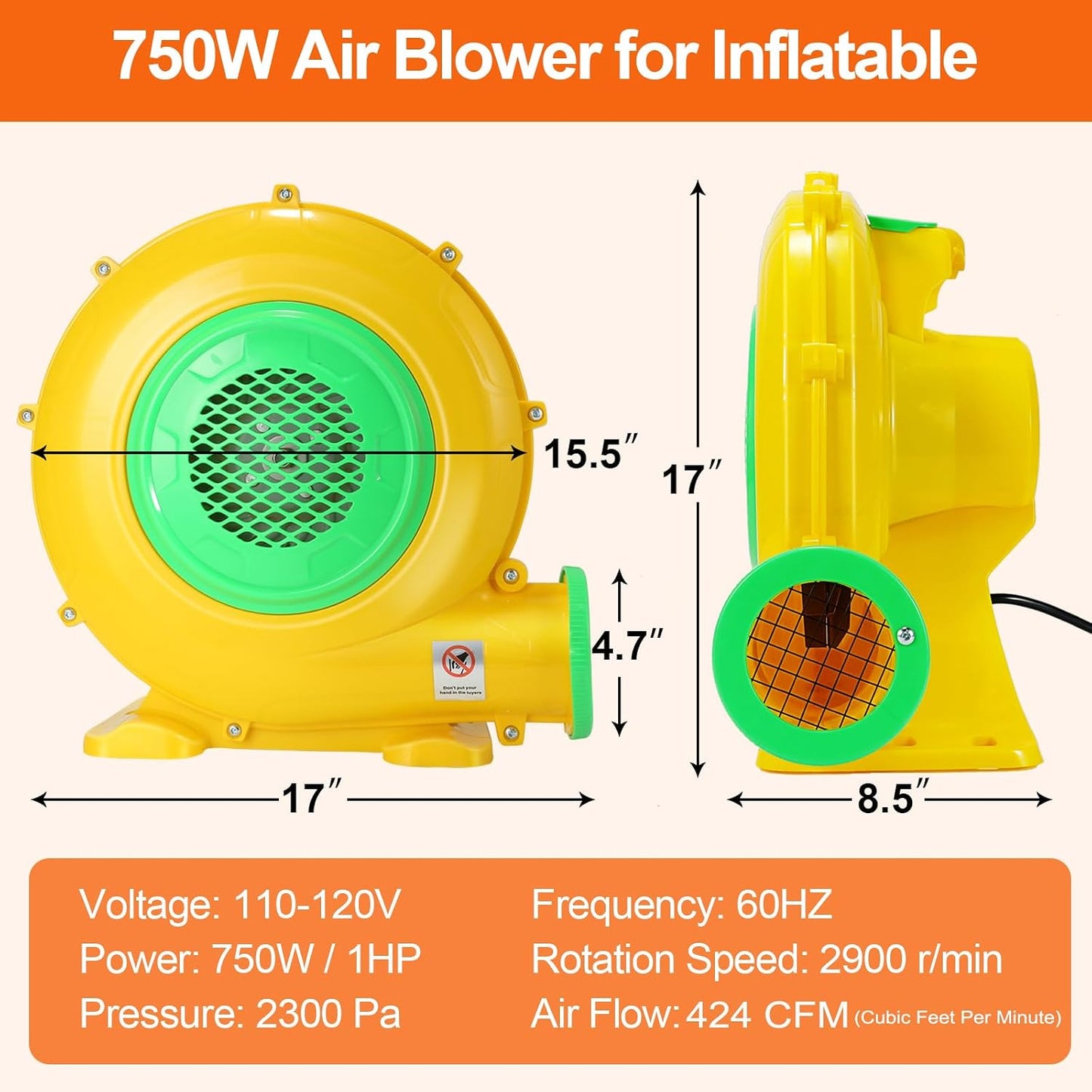 Soplador aire 750W 1HP para inflables castillo toboganes