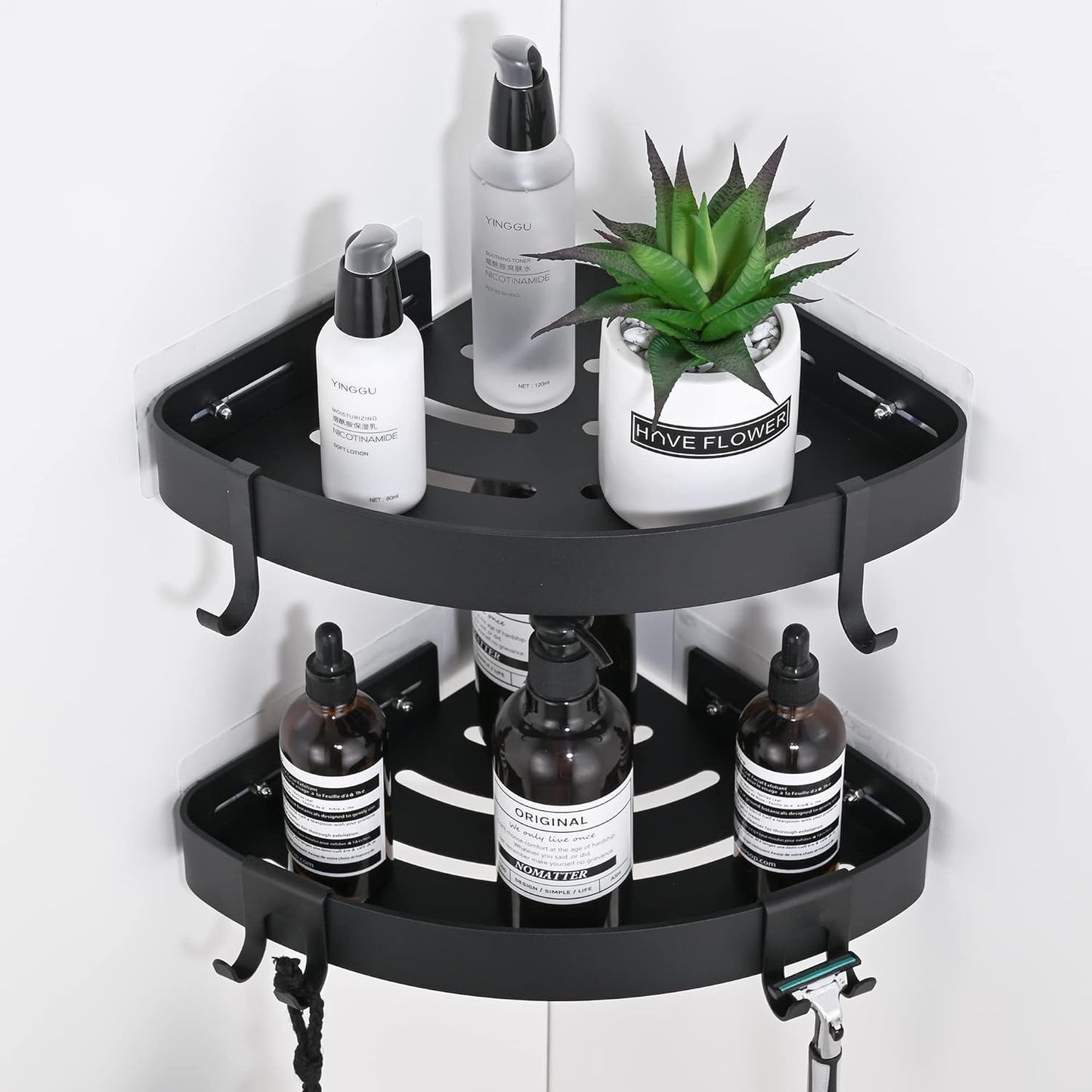 Organiz. ducha adhesivo con ganchos aluminio set 2