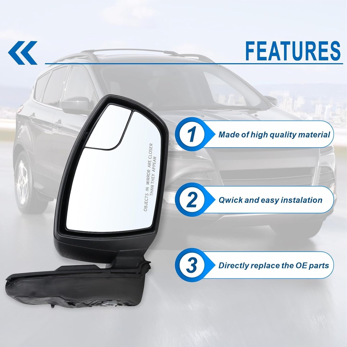 Espejo lateral Ford Escape 13-16 vidrio eléctrico negro mate