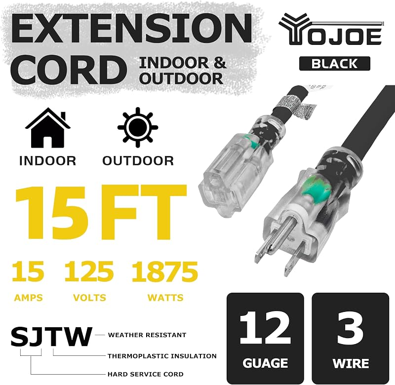 Cable extensión 15A 15pies negro con extremo iluminado