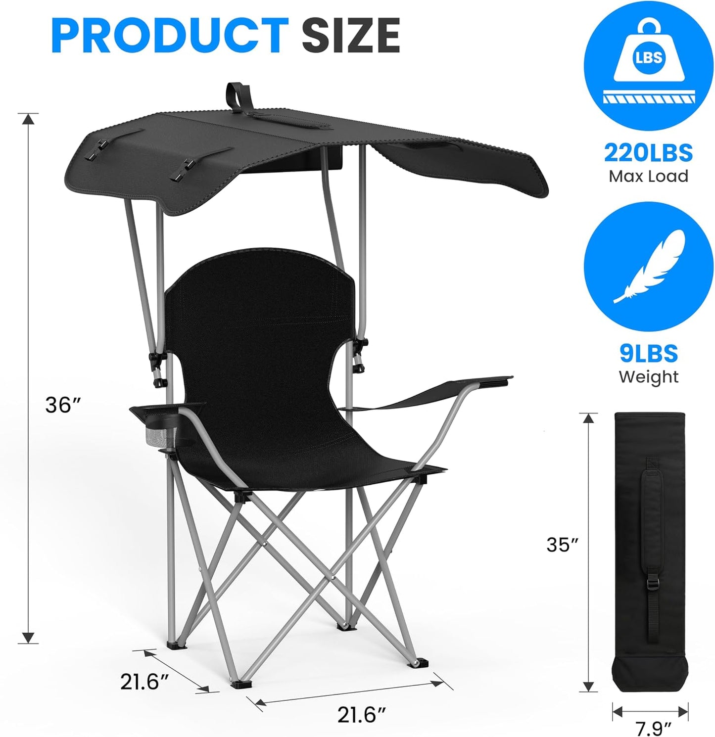 Silla descanso toldo camping 21.6x21.6x36pulg negro