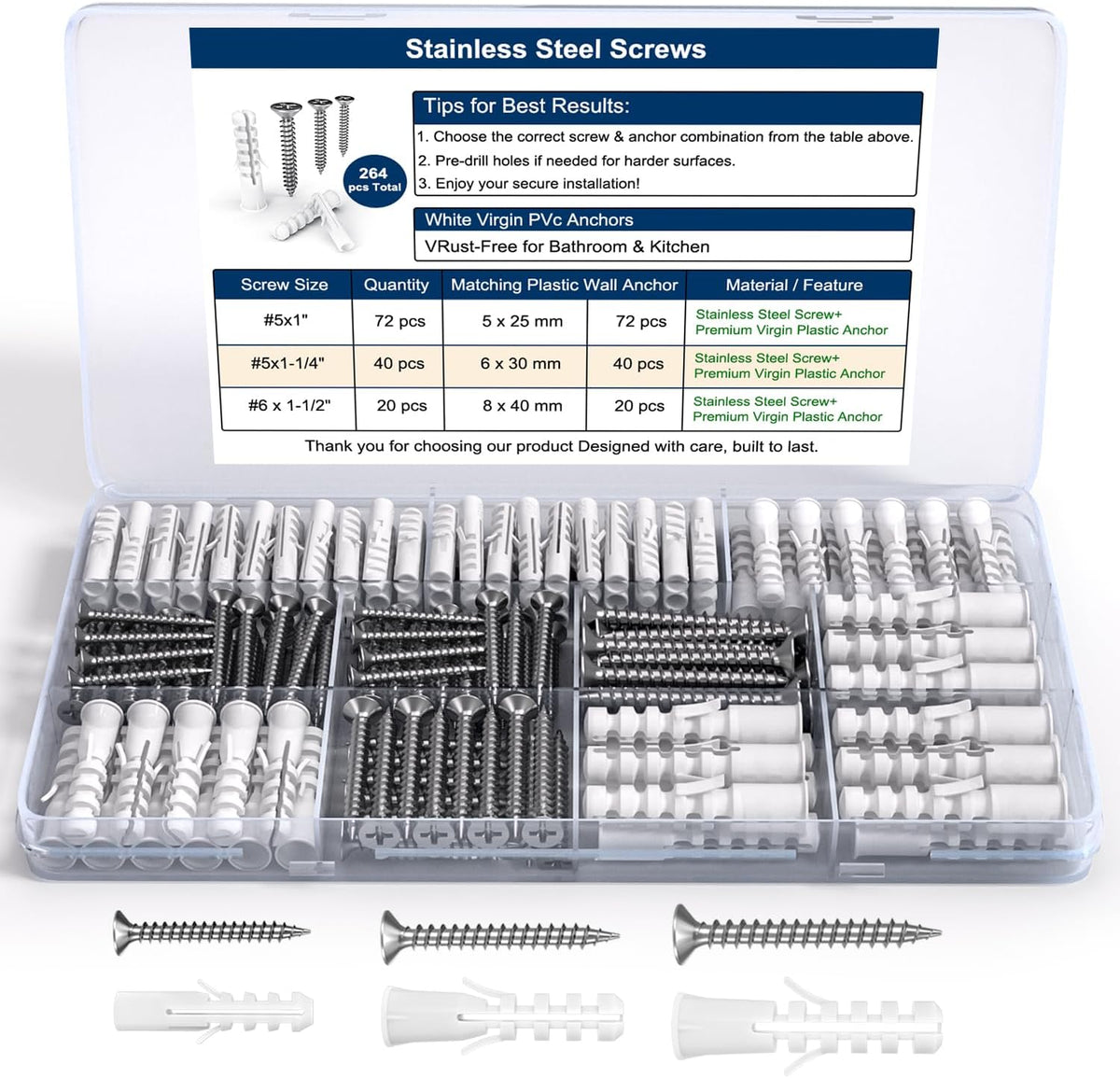 Kit anclajes acero inox y PVC para yeso 264 pzas