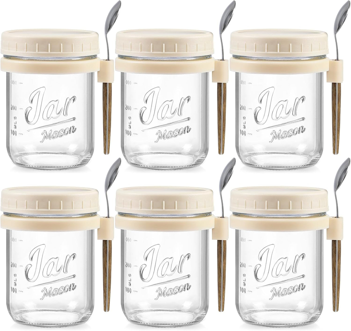 6 Tarros Vidrio 16oz con Tapa y Cuchara para Avena Leche