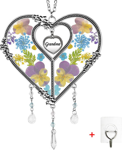 Atrapasoles corazón flores prensadas regalo mamá abuela azul