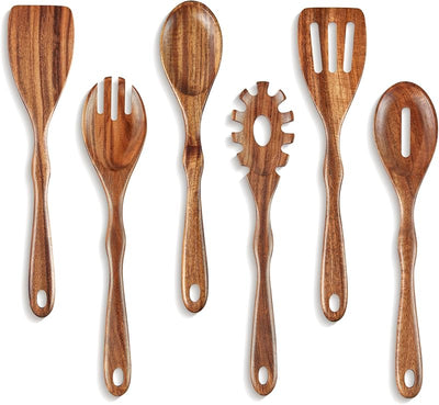 Set 6 Utensilios Cocina Madera Acacia Espátula Cuchara Tenedor