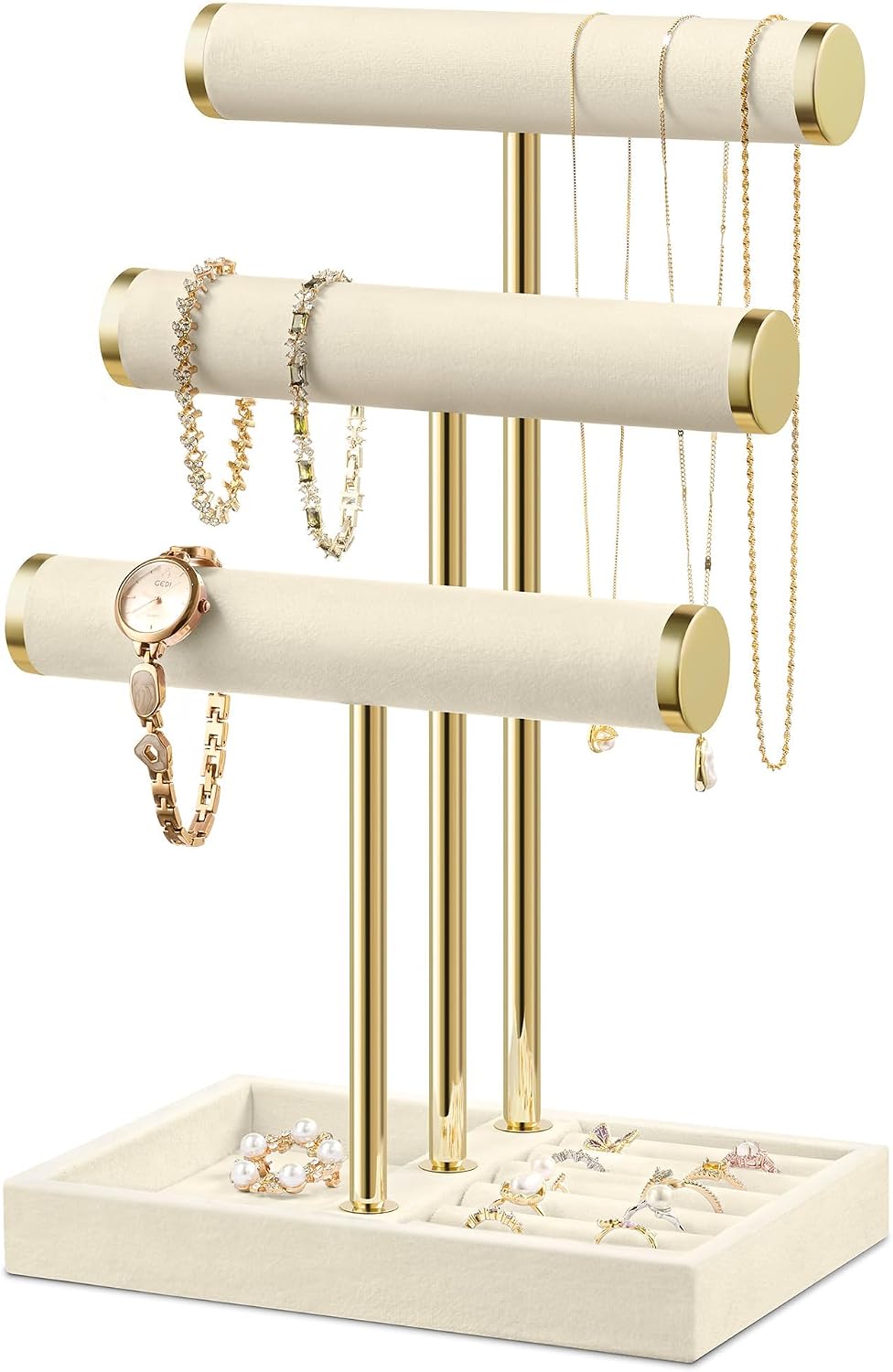 Soporte terciopelo barra T 3 niveles para joyas beige