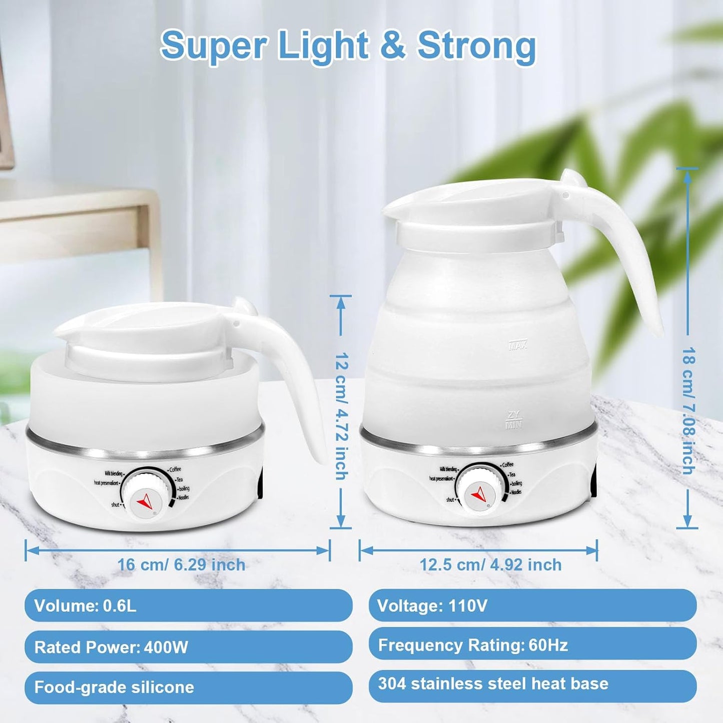 Hervidor eléctrico plegable para té y café 20.3oz blanco