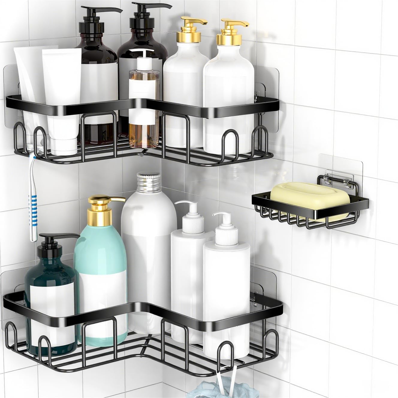 Organiz. estante ducha tipo caddy autoadhesivo negro
