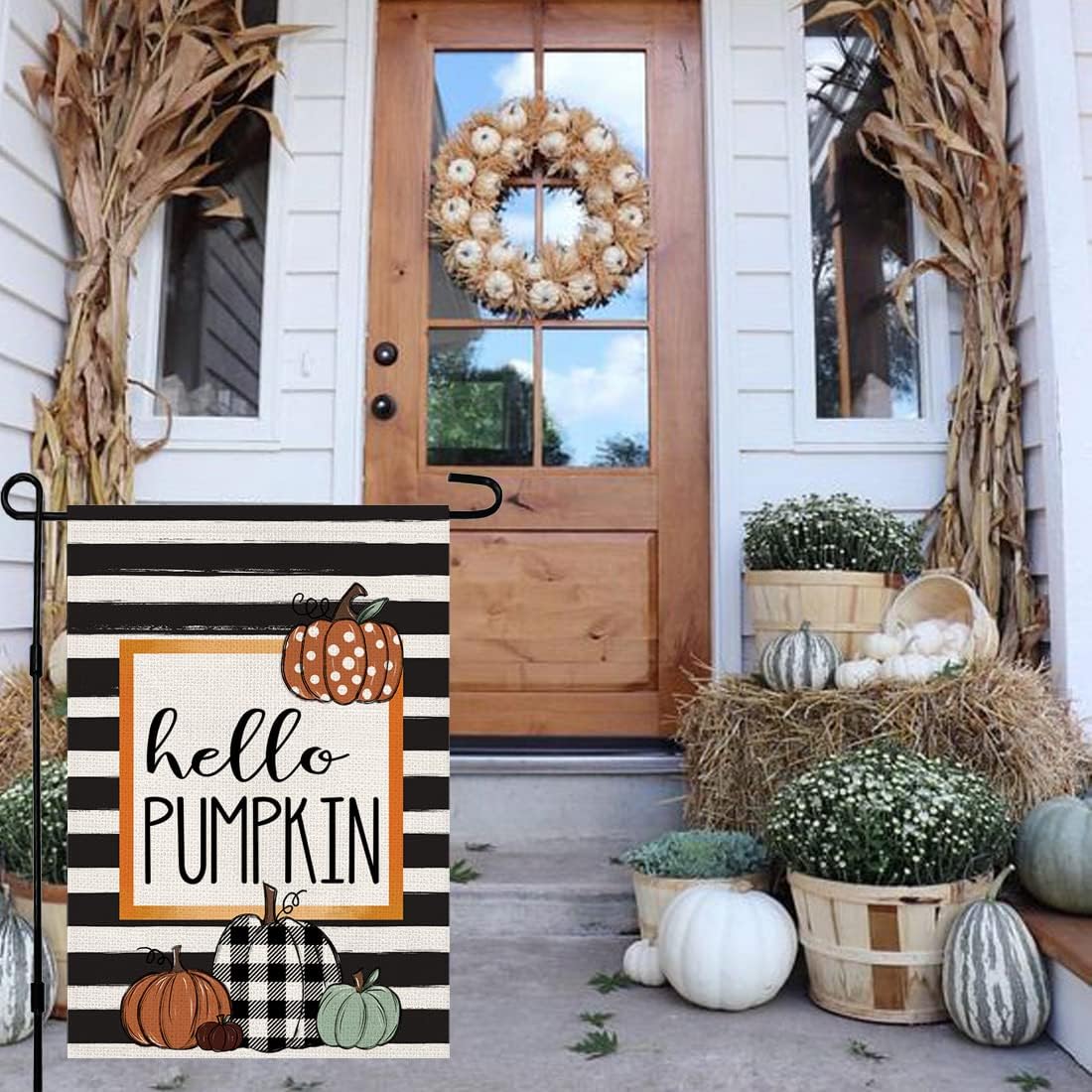 Bandera jardín otoño 12x18pulg doble cara Hello Pumpkin