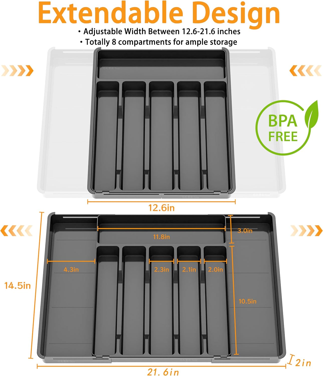 Organiz. cubiertos expandible cajón cocina sin BPA negro