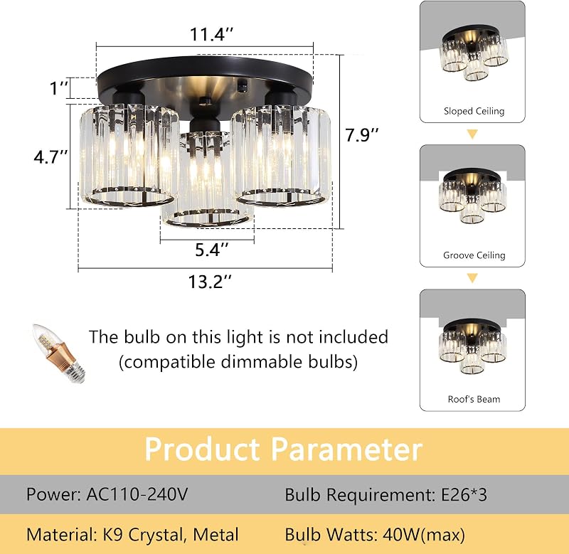 Lámpara techo negra 3 luces cristal para dormitorio comedor