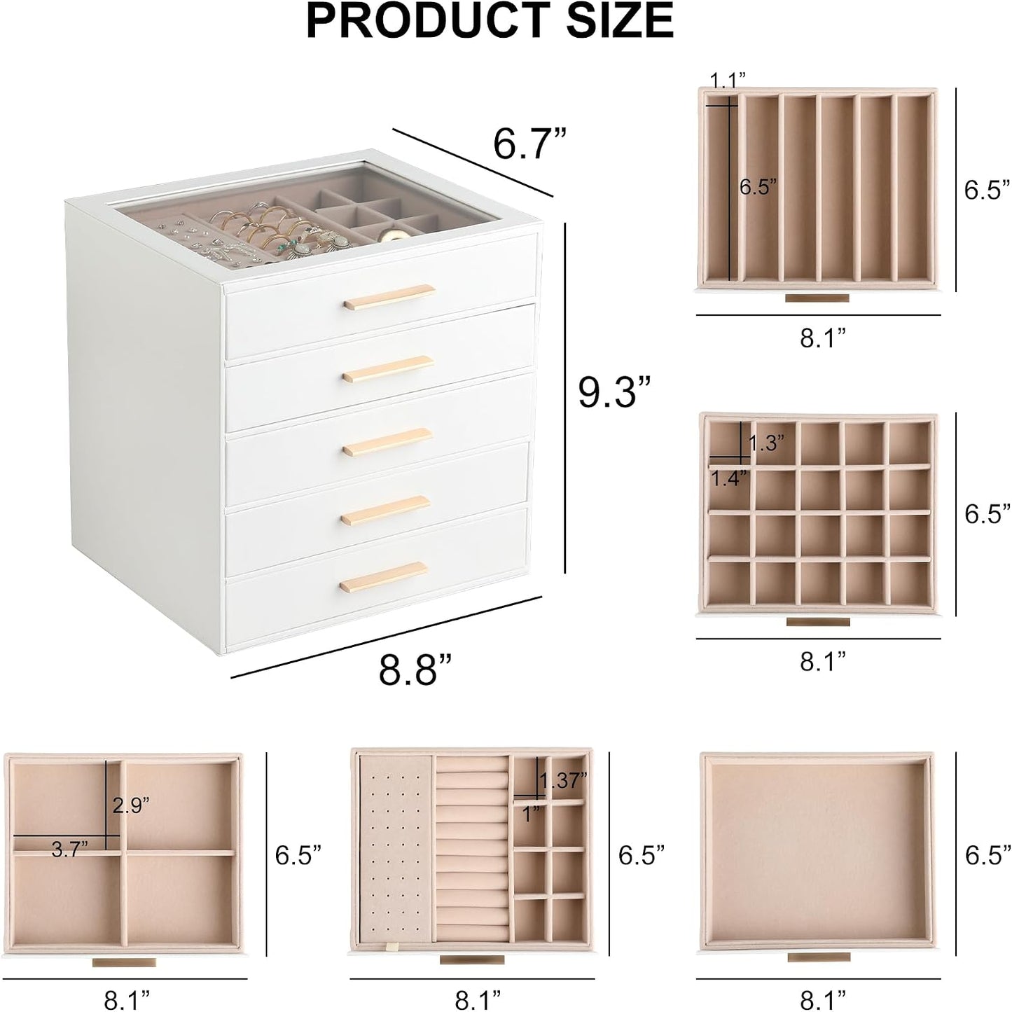 Caja joyas cuero PU 5 capas con cajón y tapa transparente