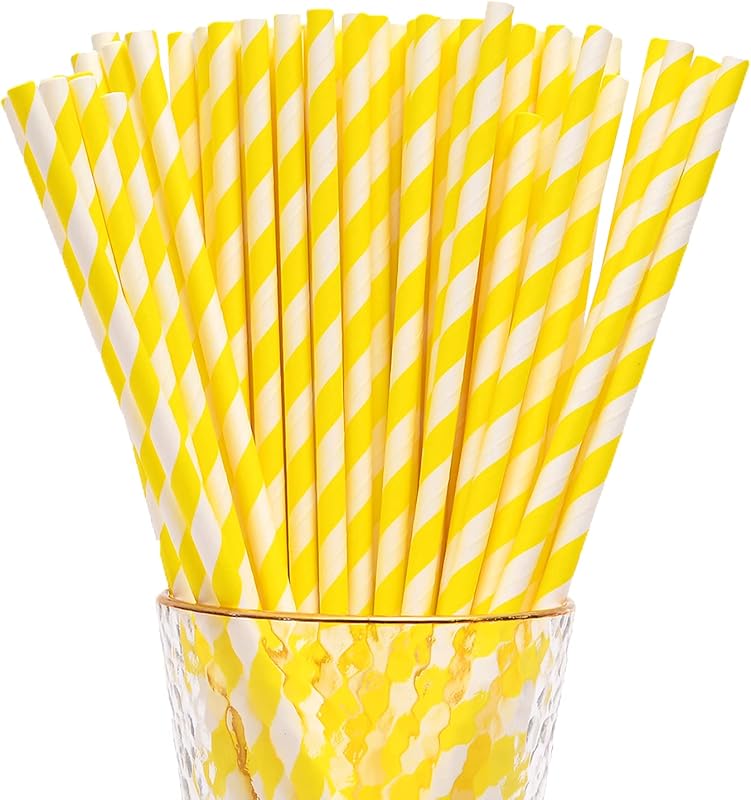 100 Pzas Pajitas Papel Rayas Amarillas para Fiesta