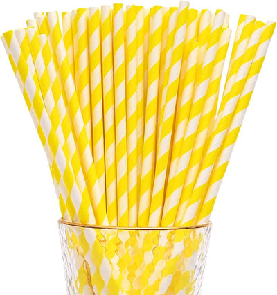100 Pzas Pajitas Papel Rayas Amarillas para Fiesta