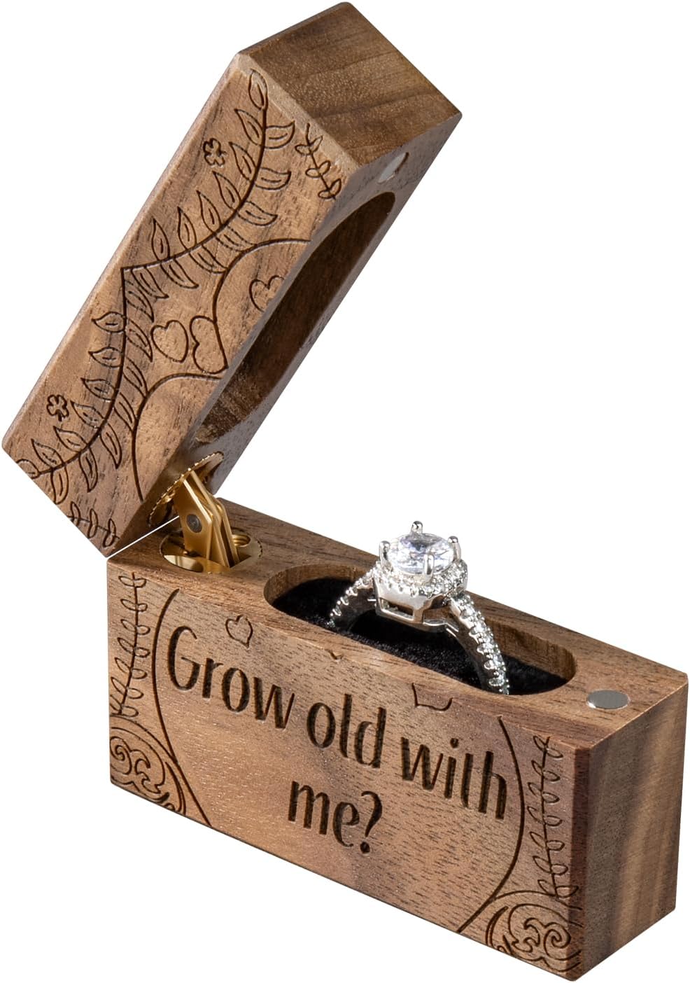 Caja anillo compromiso madera plana envejece conmigo