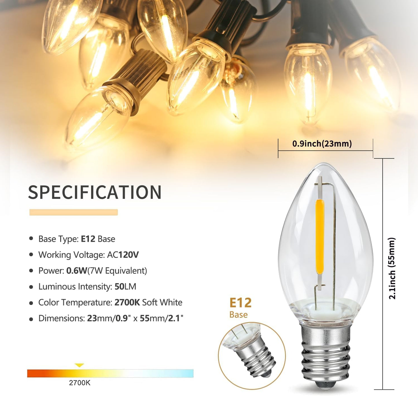 Pack 10 bombillas LED C7 E12 0.6W blanco cálido 2200K