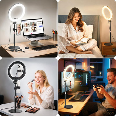 Luz escritorio 10pulg soporte LED halo para Zoom y laptop