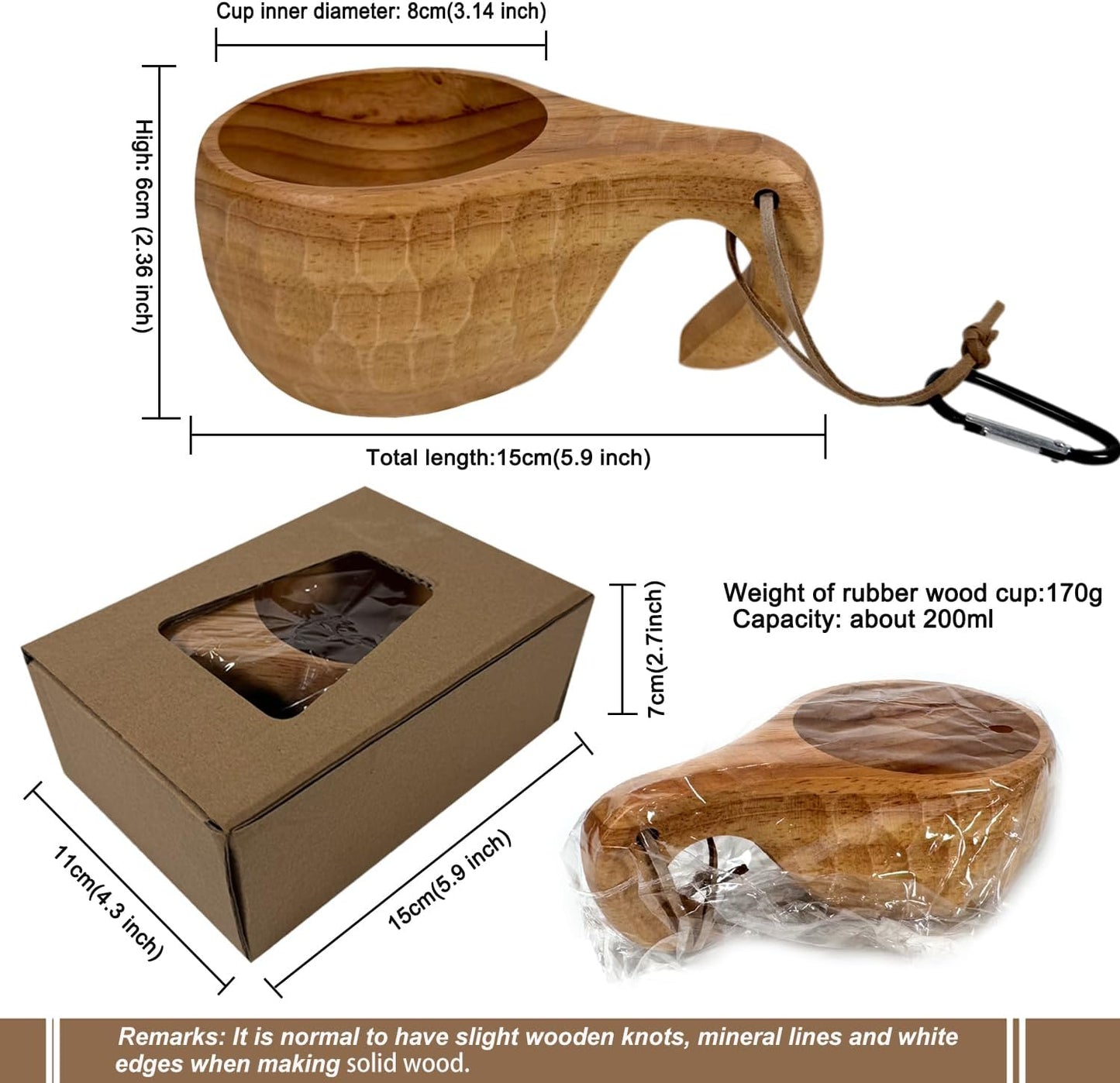 Taza madera hecha a mano con mosquetón 6oz