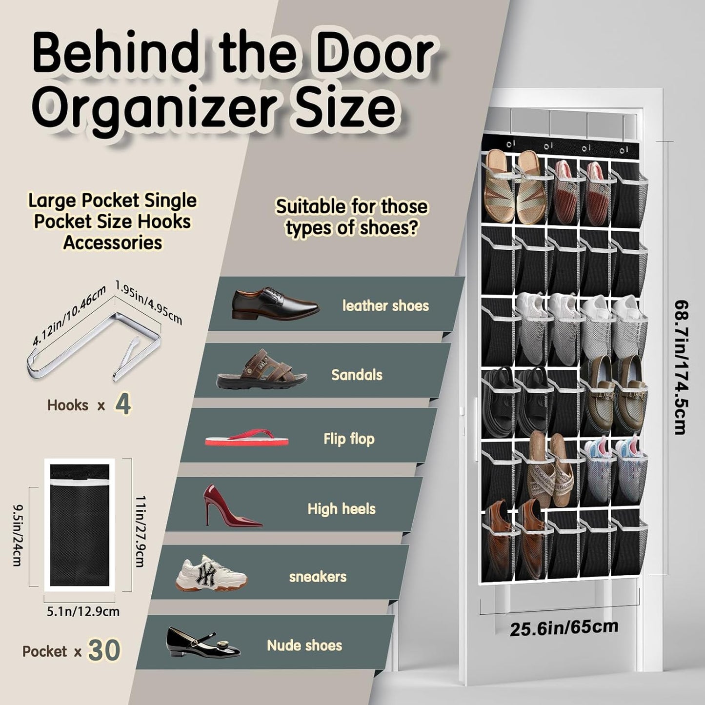Organiz. zapatos puerta 30 bolsillos malla transpirable