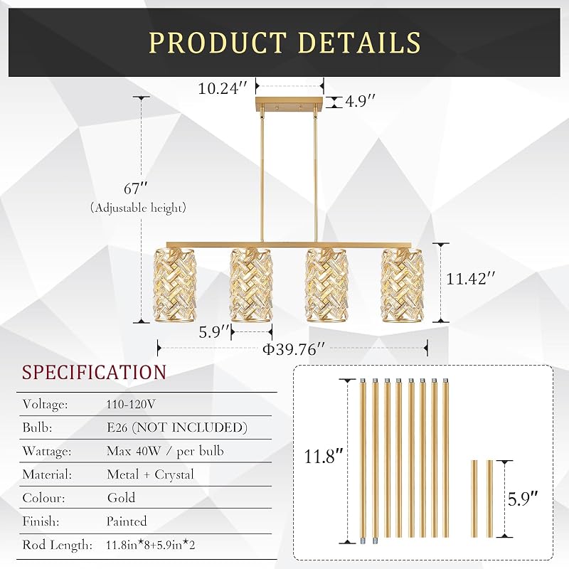 Lámpara colgante 4 luces candelabro cristal dorado