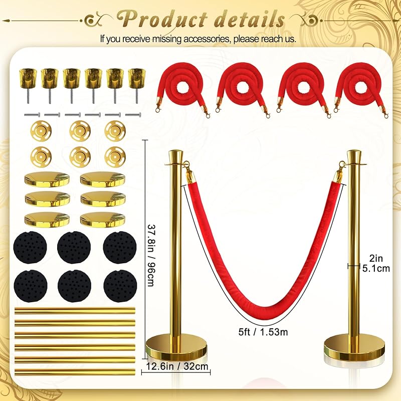 6 Pzas Postes Dorados Cuerda Roja 5ft Set Barreras