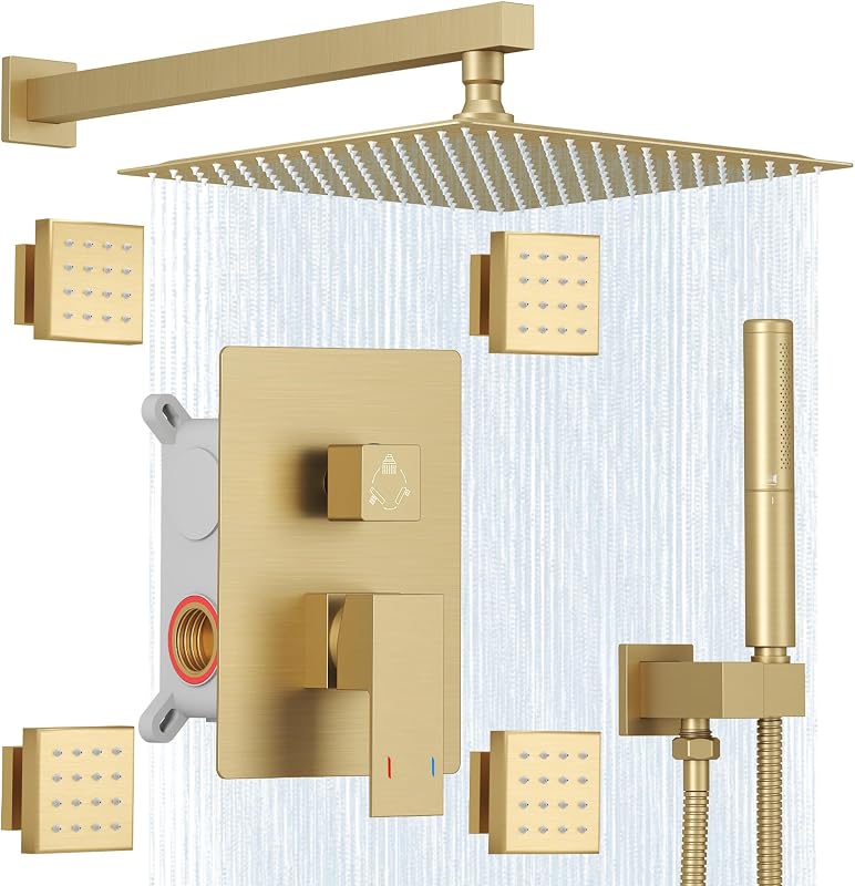 Grifo ducha lluvia 12" 4 accesorios cuerpo completo dorado
