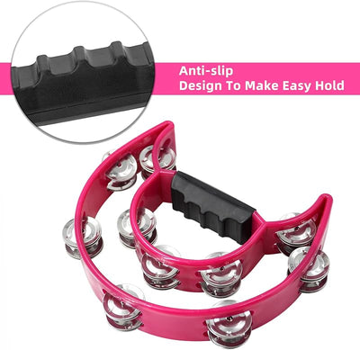 Pandereta metal cascabeles doble fila rosa para niños y adultos