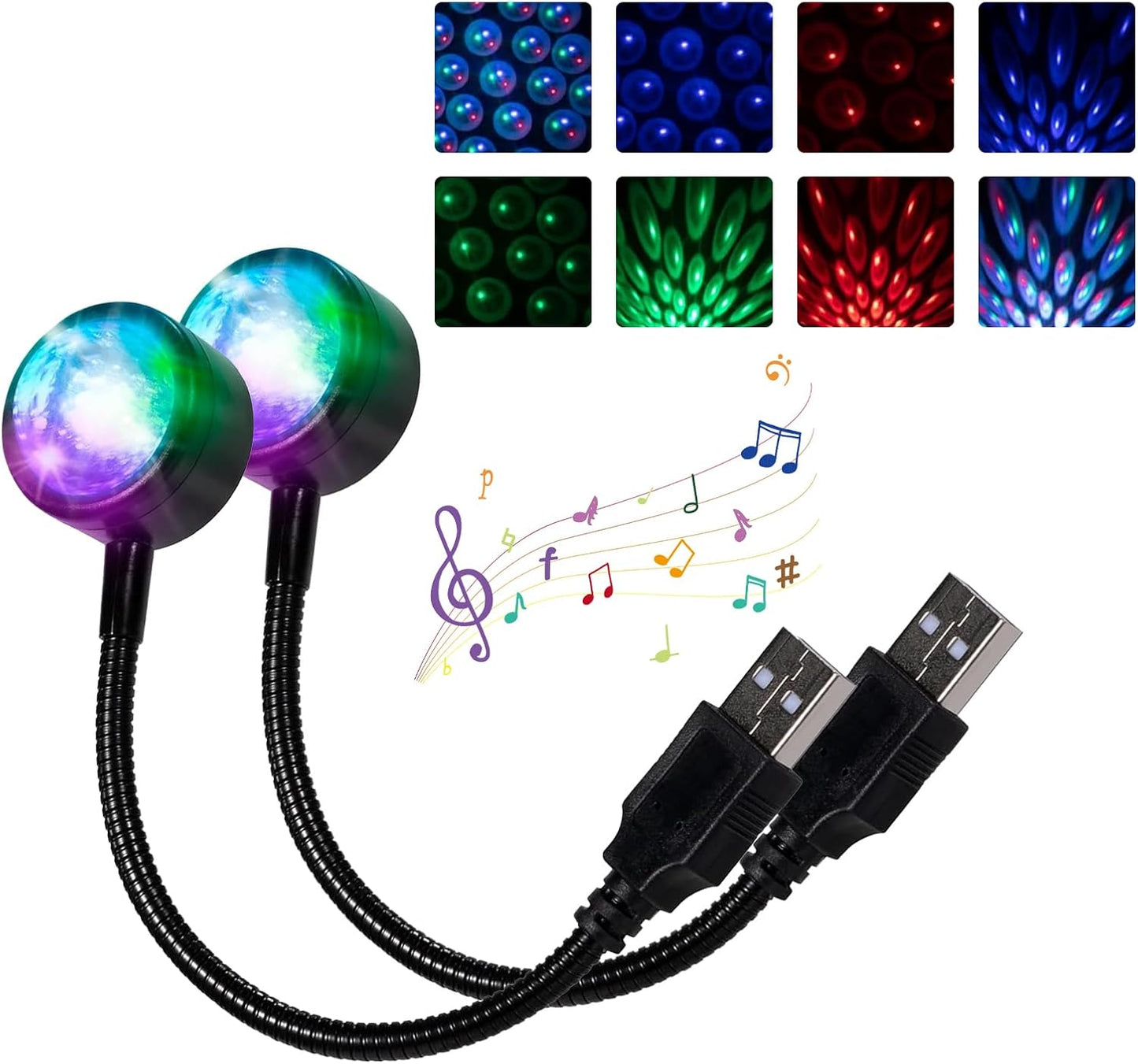 2 Luces USB Auto Control Sonido Luz Ambiental RGB 9 Modos