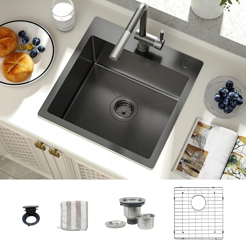 Fregadero cocina acero inox 18x18pulg montaje superior negro