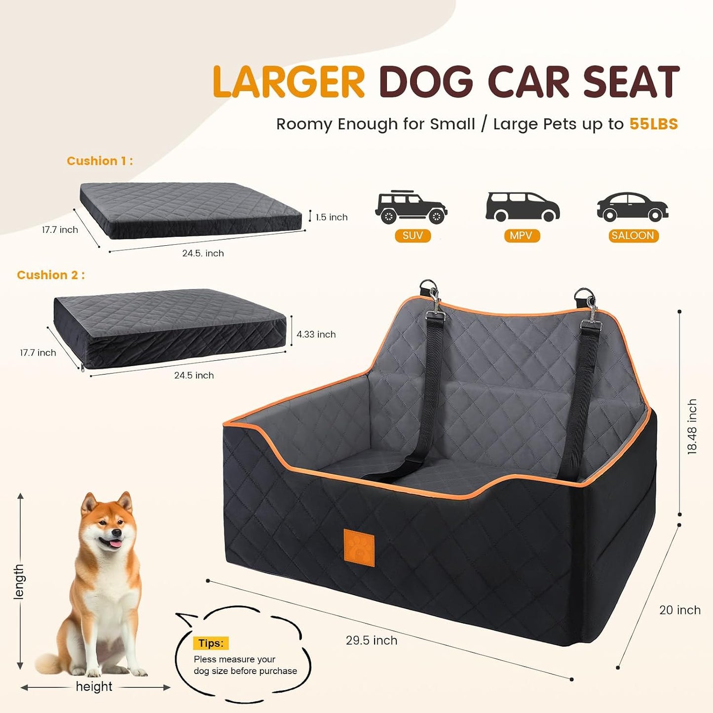 Asiento auto perro 2 cojines espuma viscoelástica