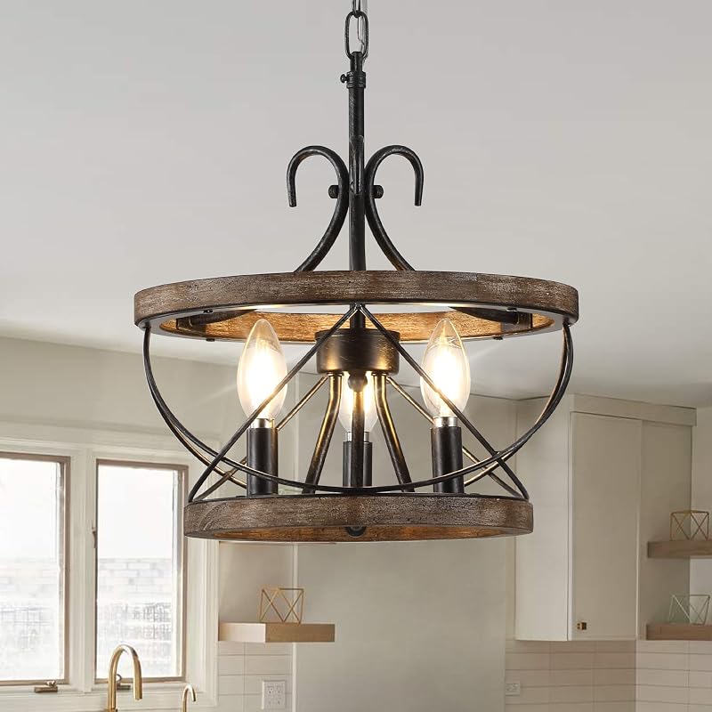 Lámpara araña madera rústica 12pulg 3 luces para cocina