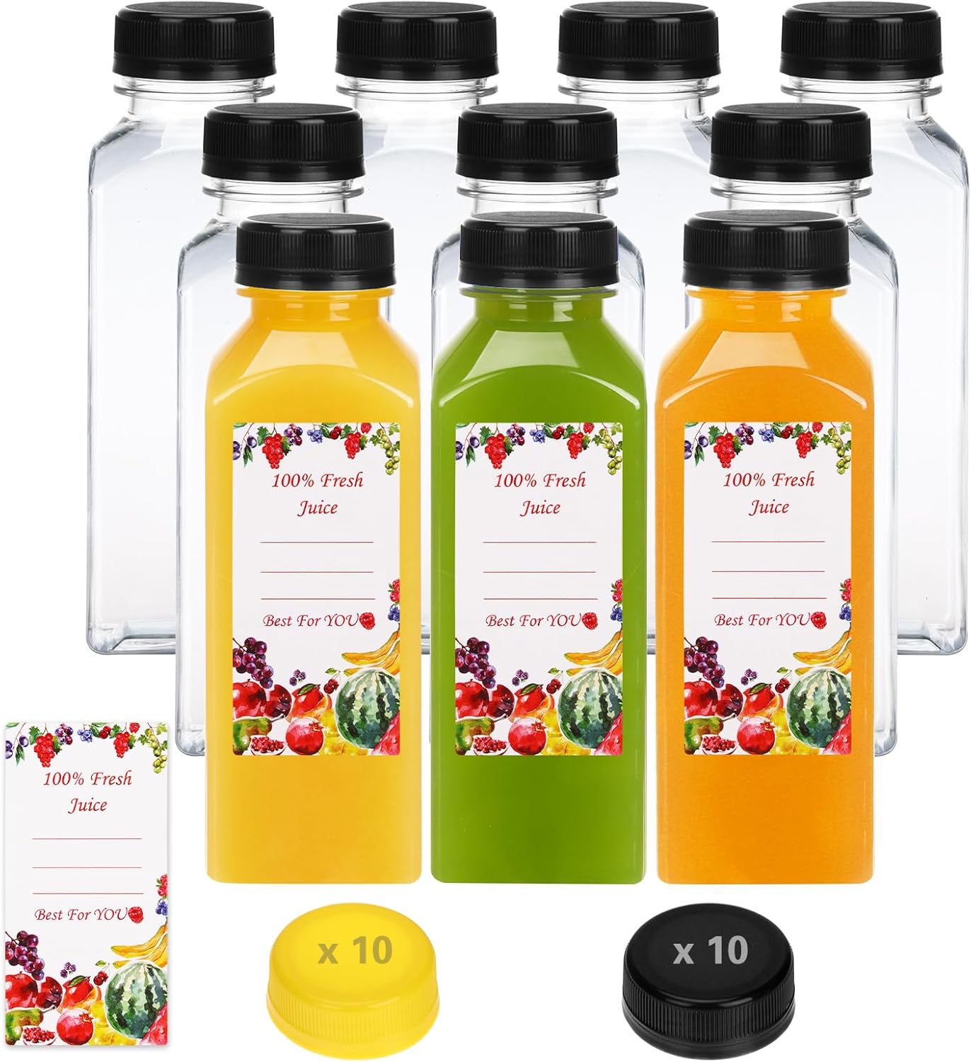 10 Botellas Plástico Jugo 12oz Tapas Negras Amarillas Reutilizables