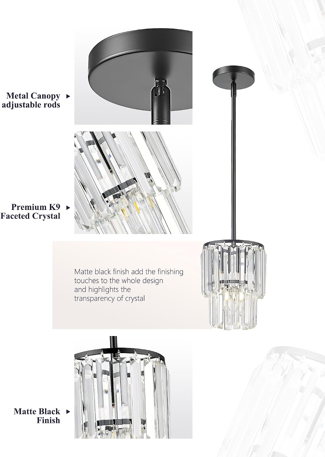 Lámpara colgante cristal negro 2 niveles 6.5pulg