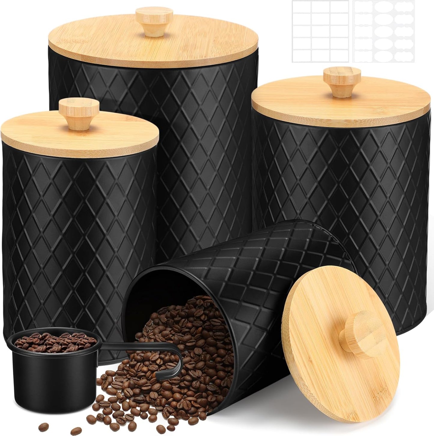 4 Pzas Recipientes Café Negro para Cocina Bar con Tapa Bambú