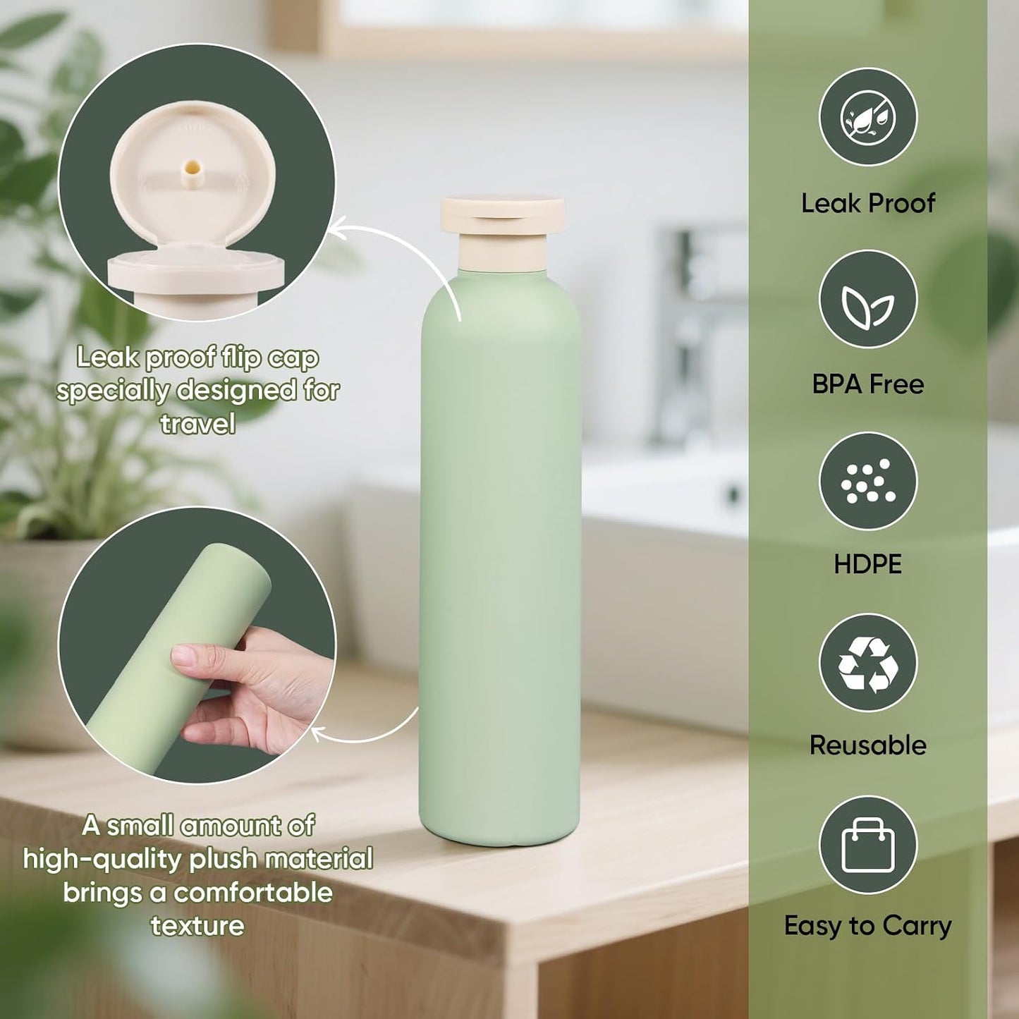 Botellas viaje 8.8oz plástico a prueba fugas recargables 4uds verde