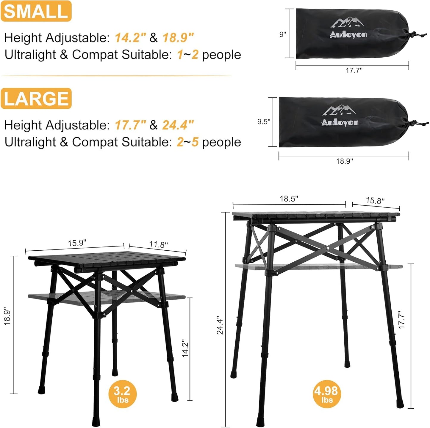 Mesa auxiliar plegable campamento 14.2-18.9" aluminio ligero